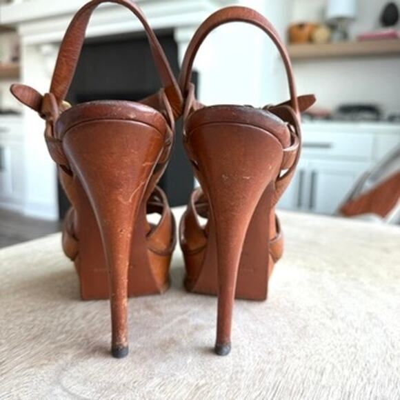 YSL SAINT LAURENT Tribute Platform Sandal Heel Cognac Leather 37.5 Italy Strappy - Picture 5 of 14
